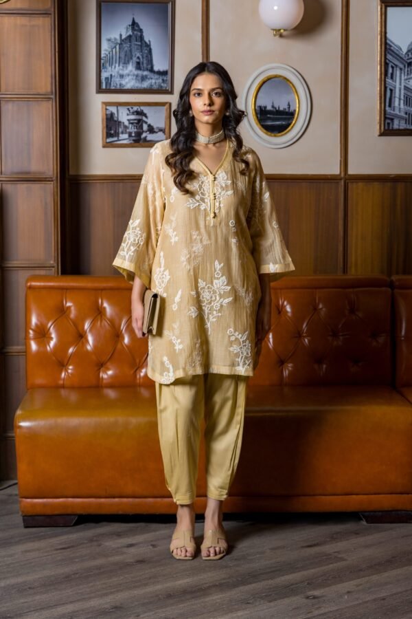Beige Embroidered Linen Kurta with Pants