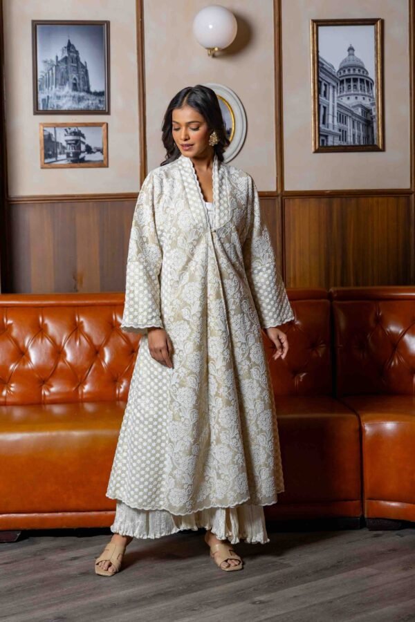 Beige Embroidered Jacket with Crush Silk Shift Dress