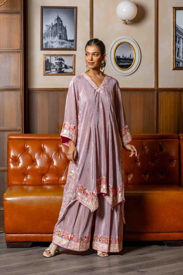 Pink Crinkle Satin Silk Set with Embroidery