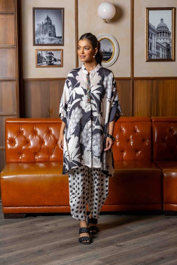 Black & White Summer Silk Short Kurta with Polka Pants