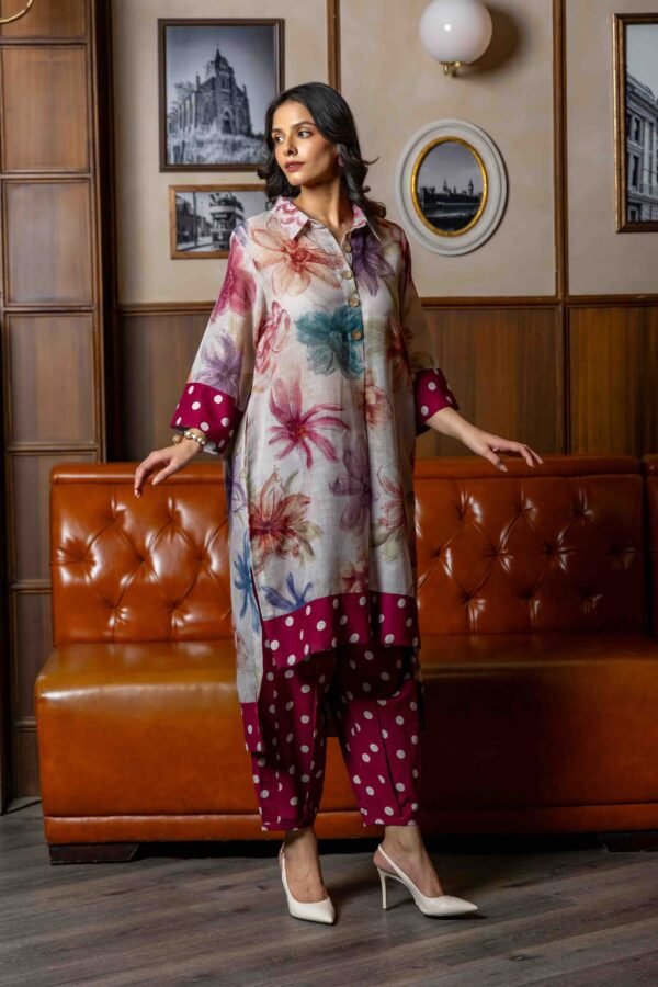 Printed Floral Linen Shirt with Cotton Dots Pants