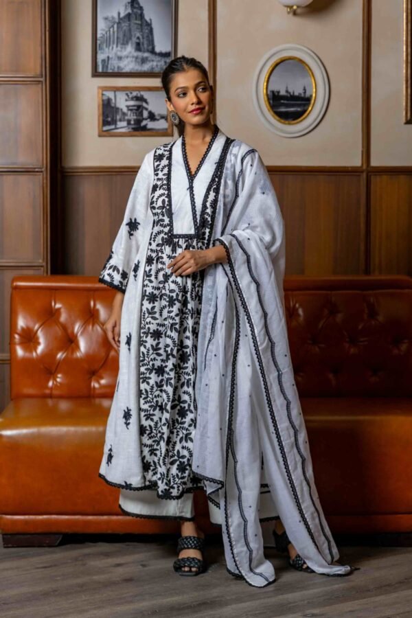 Black & White Floral Embroidered Suit Set