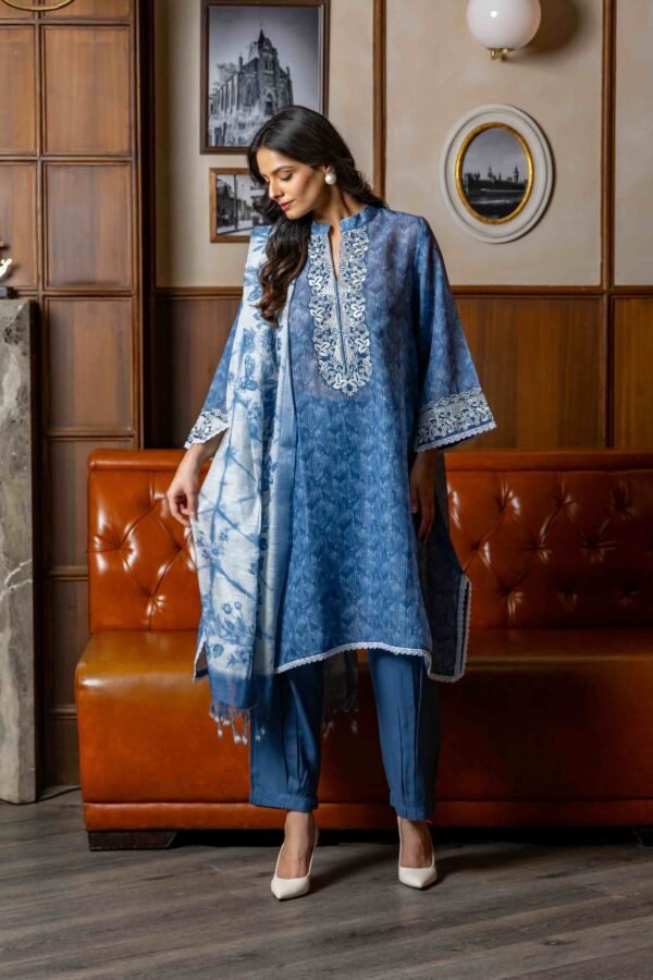 Blue Jute Cotton Shirt with Cotton Lower and Mulmul Duppatta