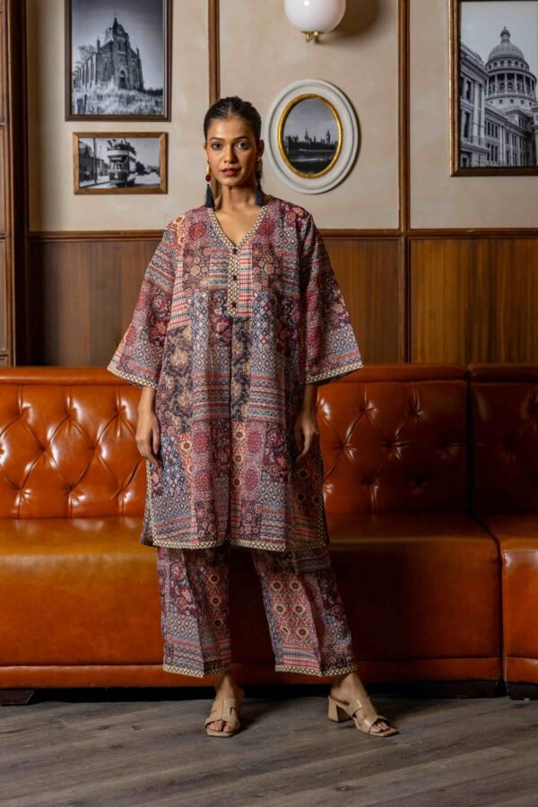 Printed Cotton Chikan Top with Printed Linen Trousers