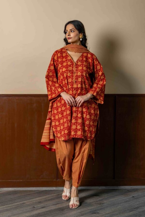 Red Printed Pintucks Suit with Dupatta