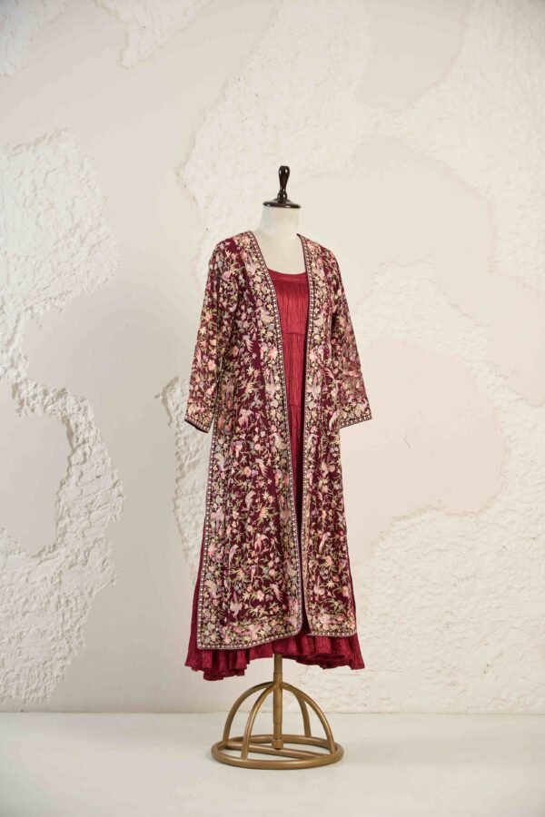 DANK SHOOT0069 1 Maroon Gara Embroidered Jacket with Silk Dress
